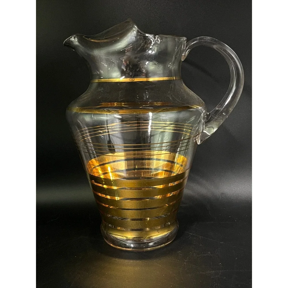 Vtg 1940s MCM Glass Ice Lip Pitcher‎ Gold Stripe Barware Drinkware 11